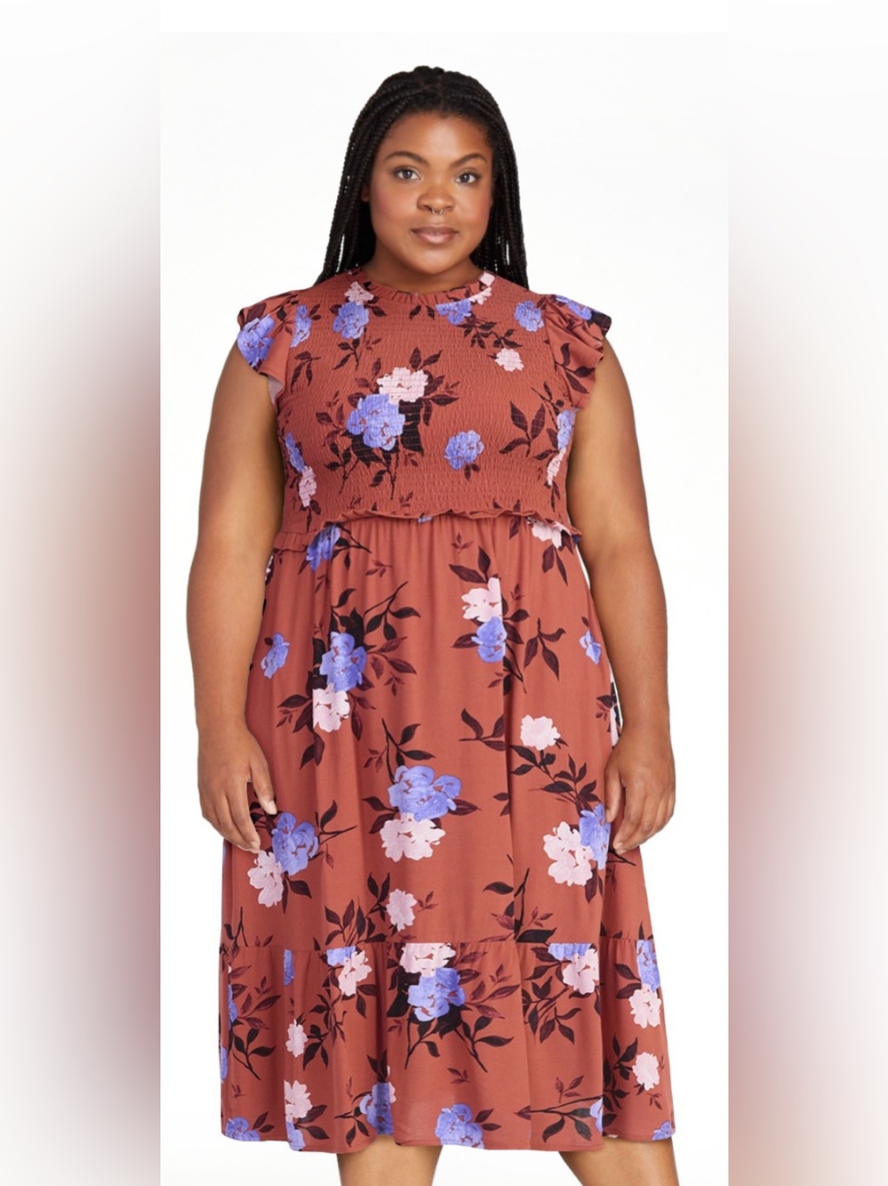Time and Tru Women's Smocked Bodice Midi Woven Dress,
